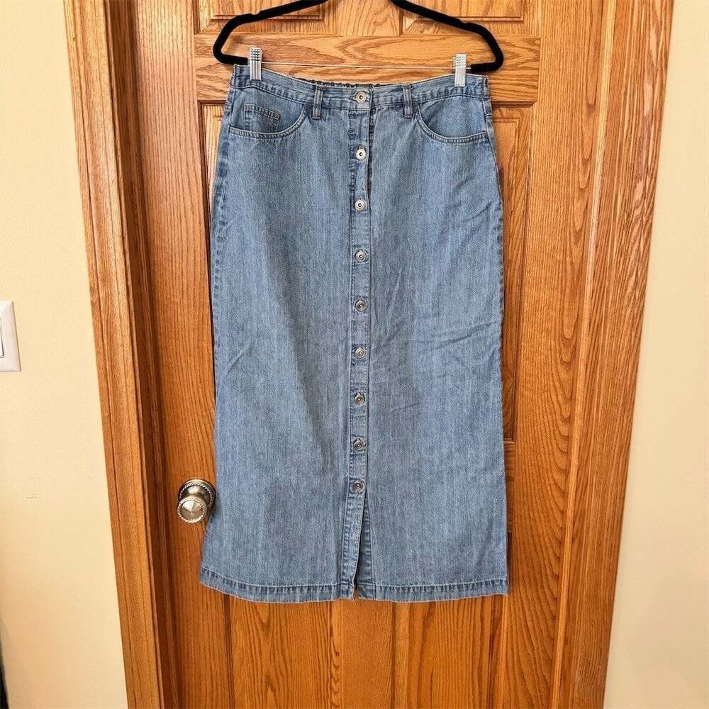 Bobbie Brooks Denim Maxi Skirt Womens Size L Blue Button Front Front Slit